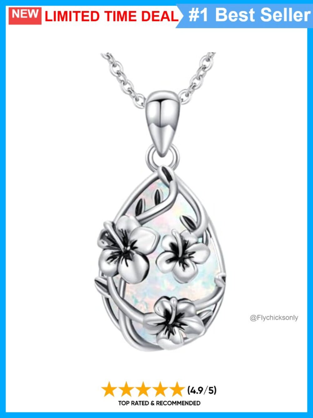 925 Sterling Silver Opal Teardrop Pendant Necklace Hibiscus 20"